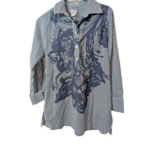Chico's Shirt Womens 0 4/6 Blue White No Iron Stripe Floral Button Front Tunic
